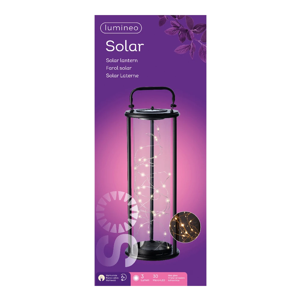 Lumineo Solar Lantaarn - LED - D15 X H42cm - Zwart 3 Lumineo Solar Lantaarn - LED - D15 X H42cm - Zwart