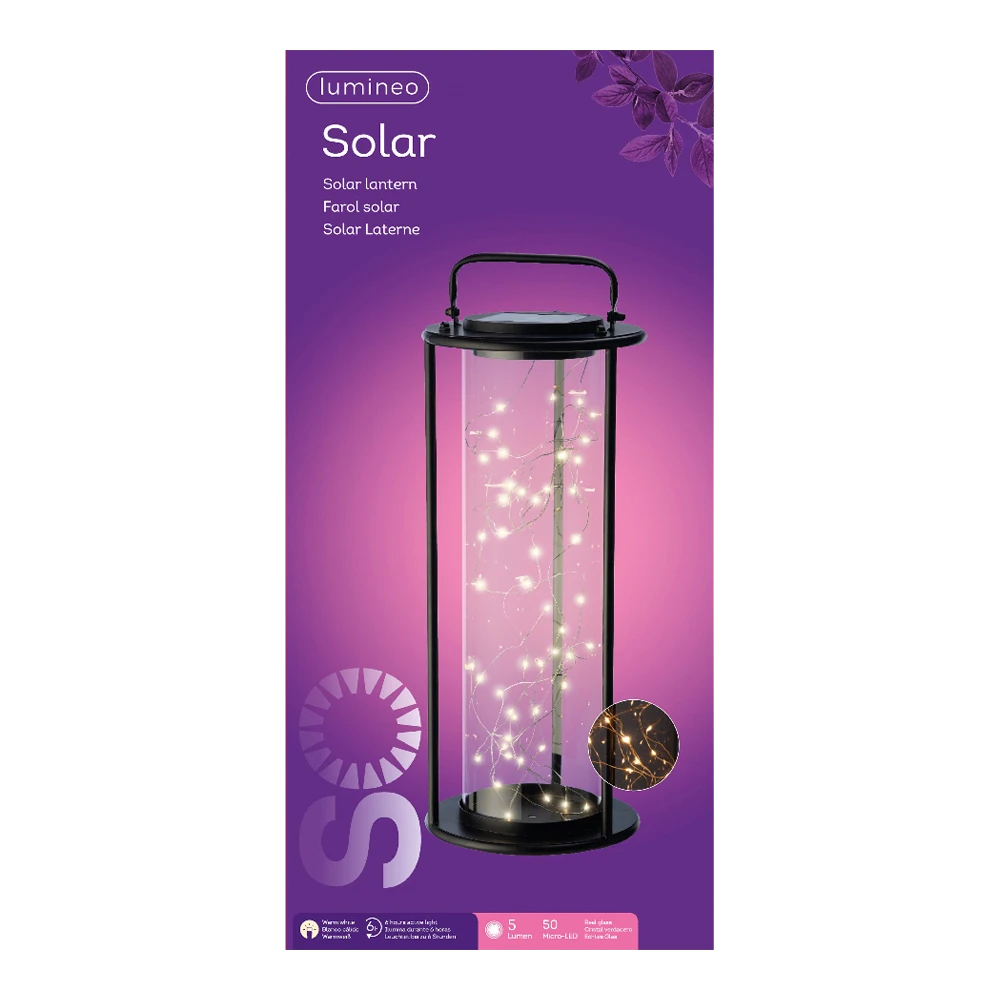 Lumineo Solar Lantaarn - LED - D20 X H49cm - Zwart 3 Lumineo Solar Lantaarn - LED - D20 X H49cm - Zwart